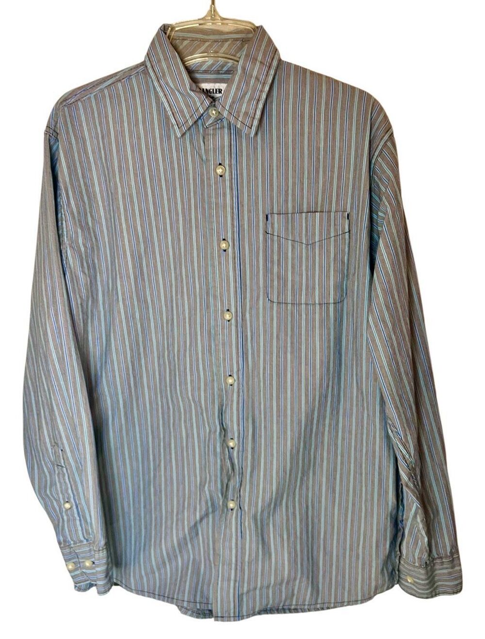 Vintage Wrangler Jeans Co Shirt Mens Sz Med Blue White Stripe Button Up